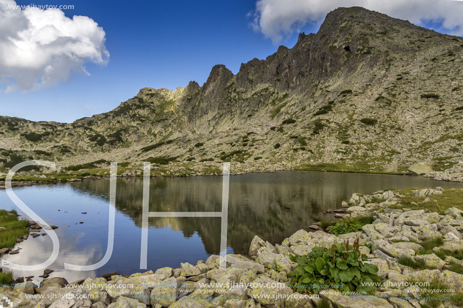 Dzhangal peak and reflection in Valyavishko Lake, Pirin Mountain, Bulgaria