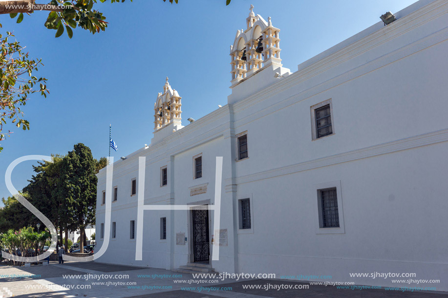 White belfry of Church of Panagia Ekatontapiliani in Parikia, Paros island, Cyclades, Greece