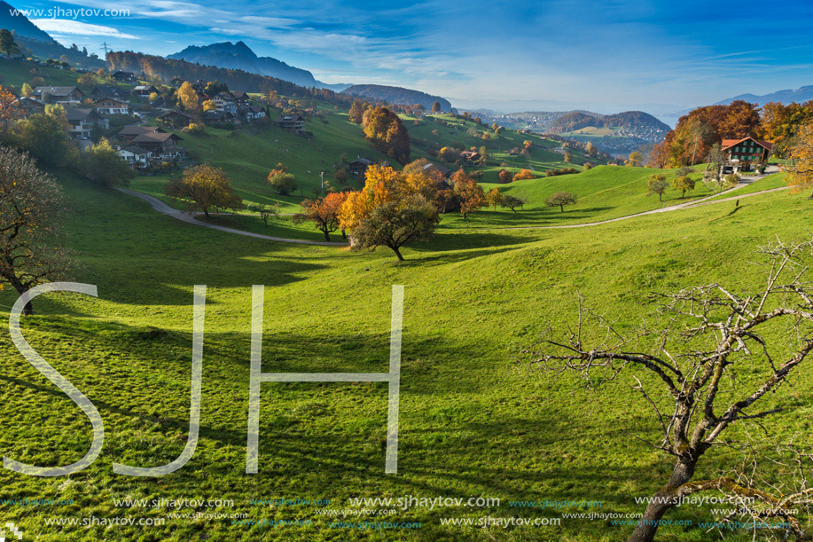 Amazing Autumn Landscape of typical Switzerland village near town of Interlaken, canton of Bern