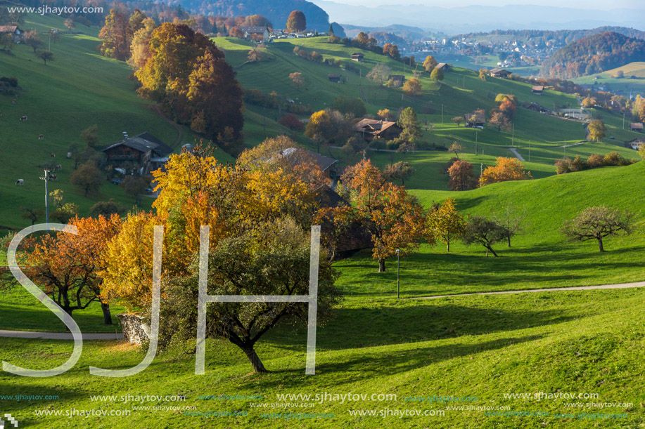 Autumn Landscape of typical Switzerland village near town of Interlaken, canton of Bern