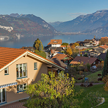 Lake Thun and typical Switzerland village near town of Interlaken, canton of Bern