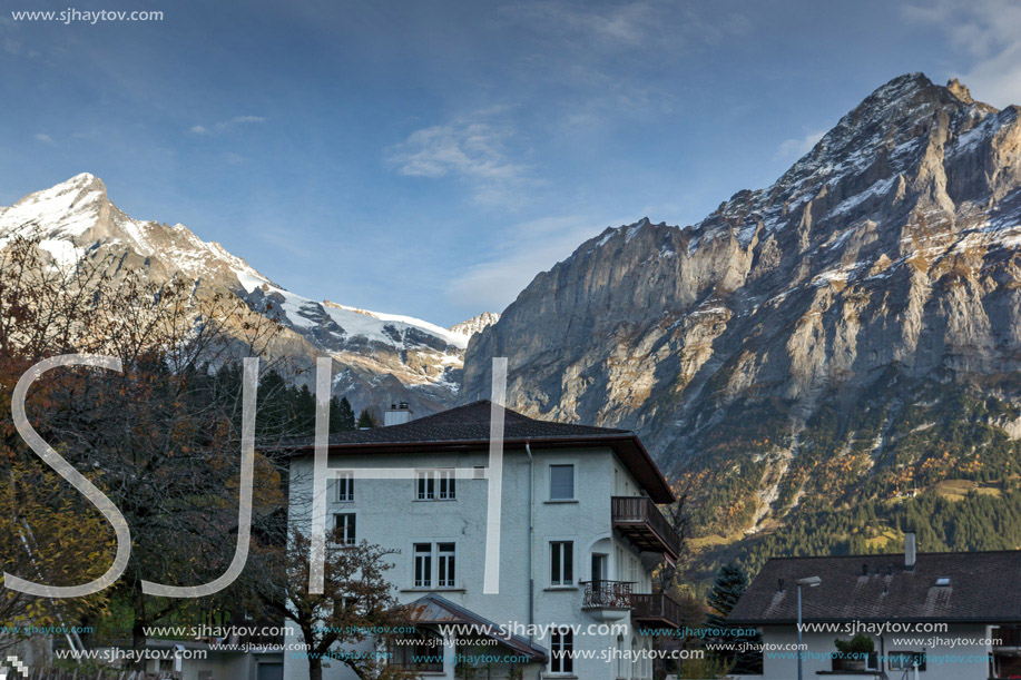 Village of Grindelwald and mount Wetterhornin Alps near town of Interlaken, Switzerland