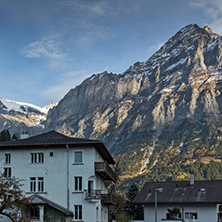 Village of Grindelwald and mount Wetterhornin Alps near town of Interlaken, Switzerland