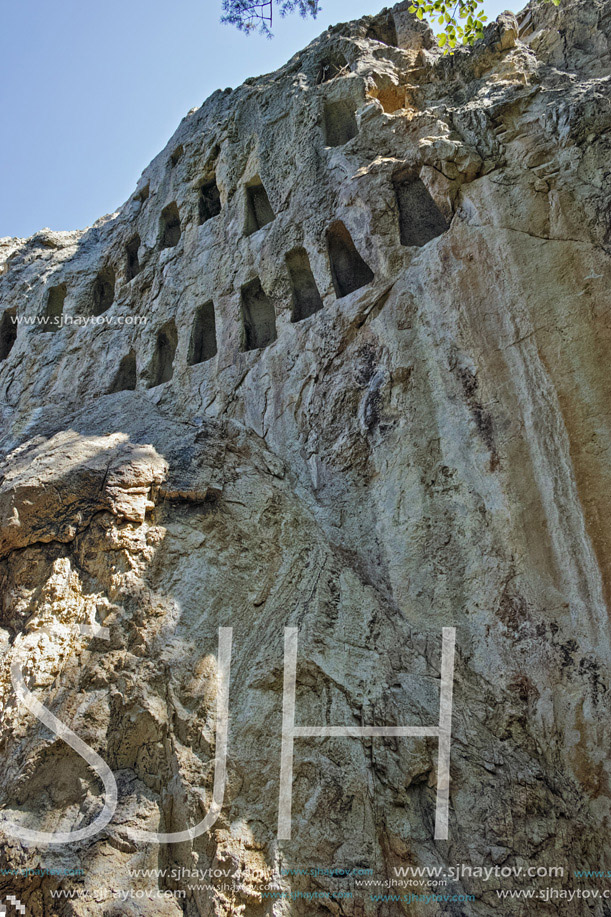 Panoramic view of Thracian Sanctuary Eagle Rocks near town of Ardino, Kardzhali Region, Bulgaria