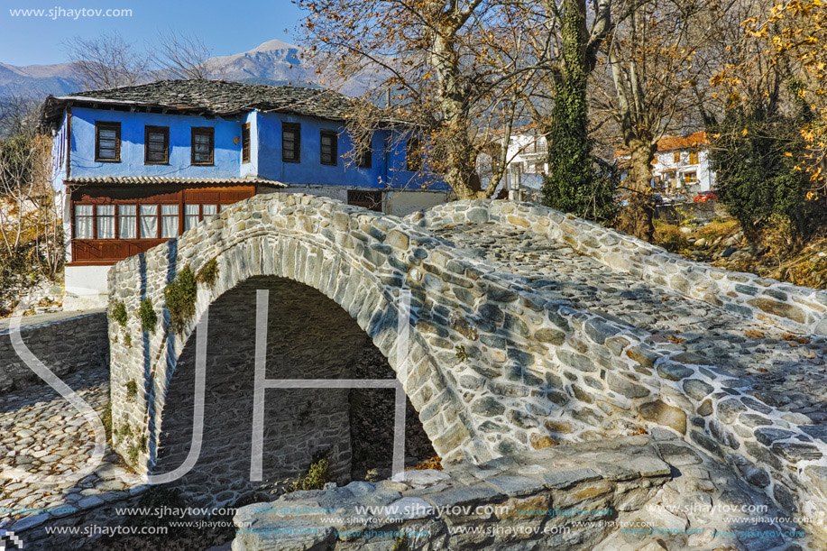 Amazing village landscape with Old house and Stone bridge in Moushteni near Kavala, East Macedonia and Thrace, Greece