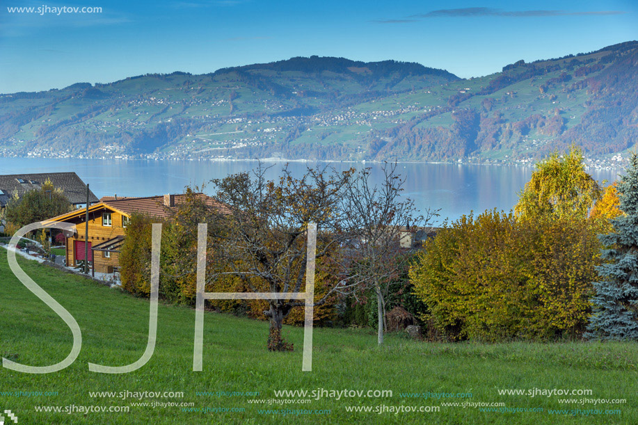 Lake Thun and typical Switzerland village near town of Interlaken, canton of Bern