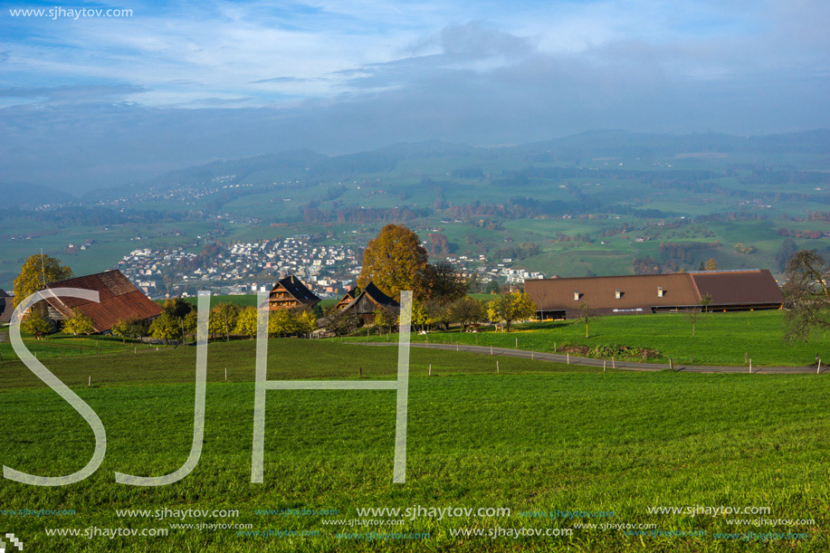 Green meadows above Lake Lucerne, near mount Rigi, Alps, Switzerland