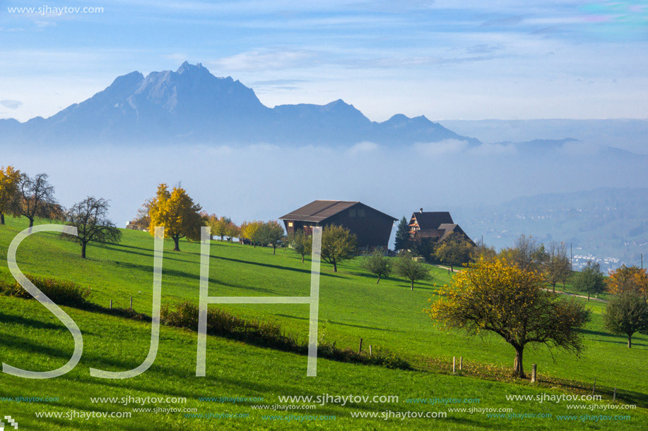 Amazing Landscape of Mount Pilatus and Lake Lucerne covered with frog, Alps, Switzerland