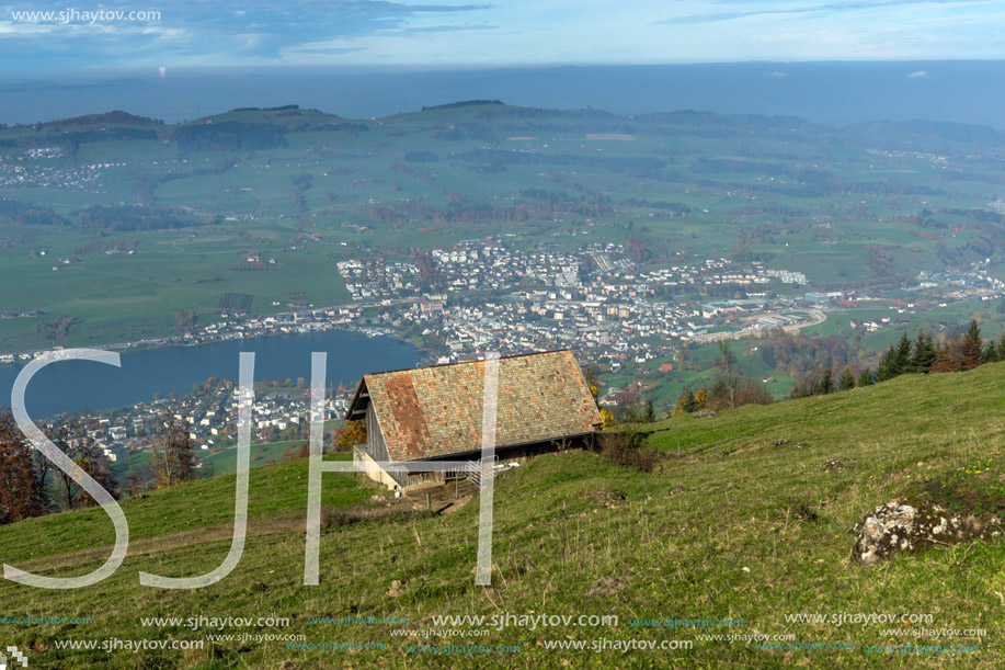 Small mountain house and Panoramic view to Lake Luzerne, Alps, Switzerland