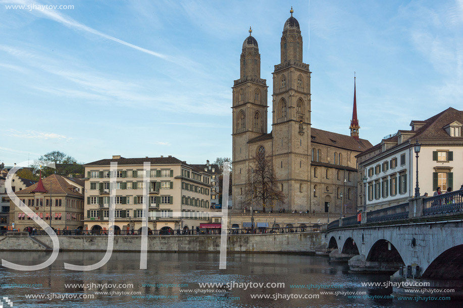 Reflection of Grossmunster church in Limmat River, City of Zurich, Switzerland