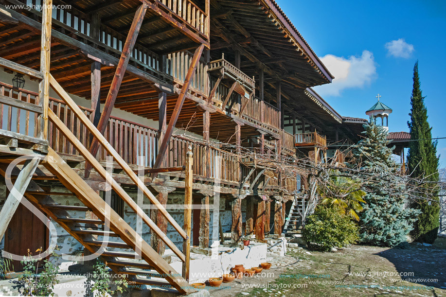 wooden stairs in Rozhen Monastery Nativity of the Mother of God, Blagoevgrad region, Bulgaria