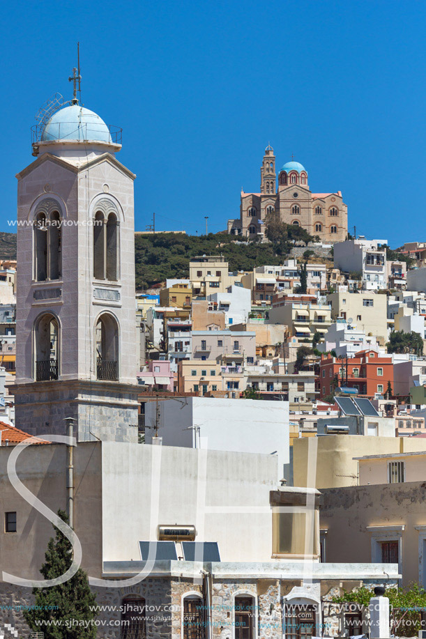 Panorama with belfry of Churches in town of Ermopoli, Syros, Cyclades Islands, Greece