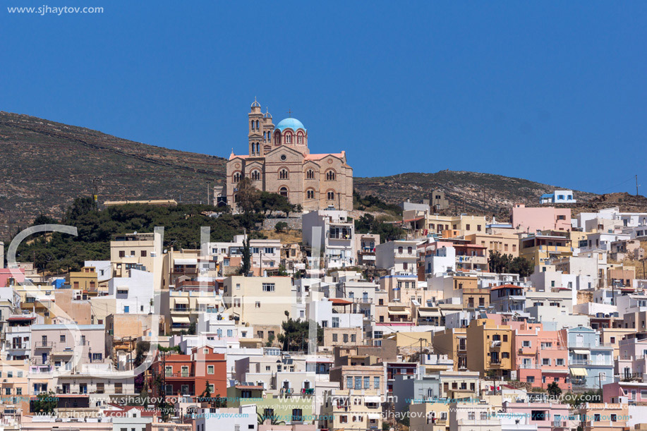 Orthodox Anastaseos church and panorama to Ermopoli, Syros, Cyclades Islands, Greece