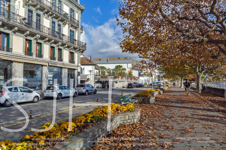 Amazing Autumn landscape of Embankment, Vevey, canton of Vaud, Switzerland