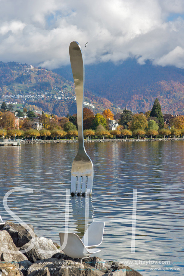 Panoramic view of Lake Geneva from town of Vevey, canton of Vaud, Switzerland