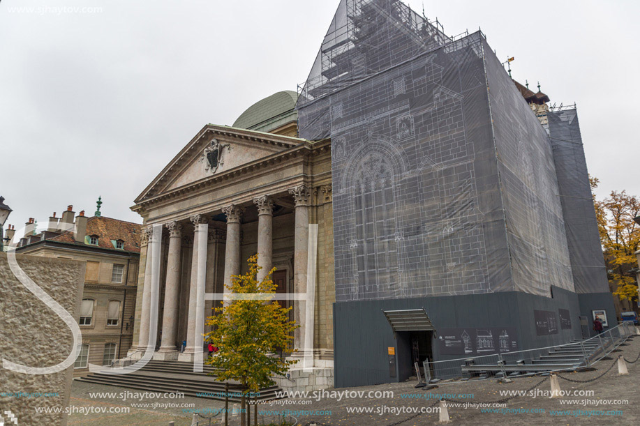 The front view of St. Pierre Cathedral in Geneva, Switzerland