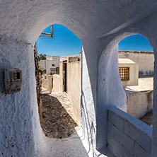 Street in the castle of Pyrgos Kallistis, Santorini island, Thira, Cyclades, Greece