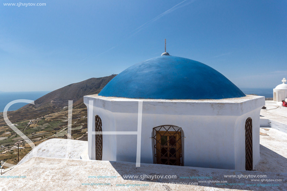 Blue roof of church and Panoramic view to Santorini island, Thira, Cyclades, Greece