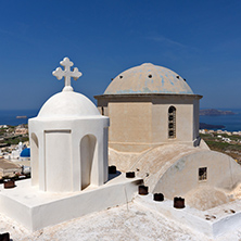 Church in Pyrgos Kallistis and Panoramic view to Santorini island, Thira, Cyclades, Greece