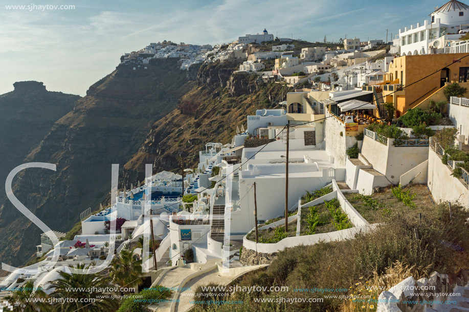 Panoramic view to towns of Imerovigli and Firostefani, Santorini island, Thira, Cyclades, Greece