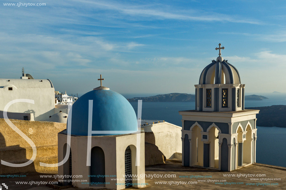 Bell towers in town of Firostefani, Santorini island, Thira, Cyclades, Greece