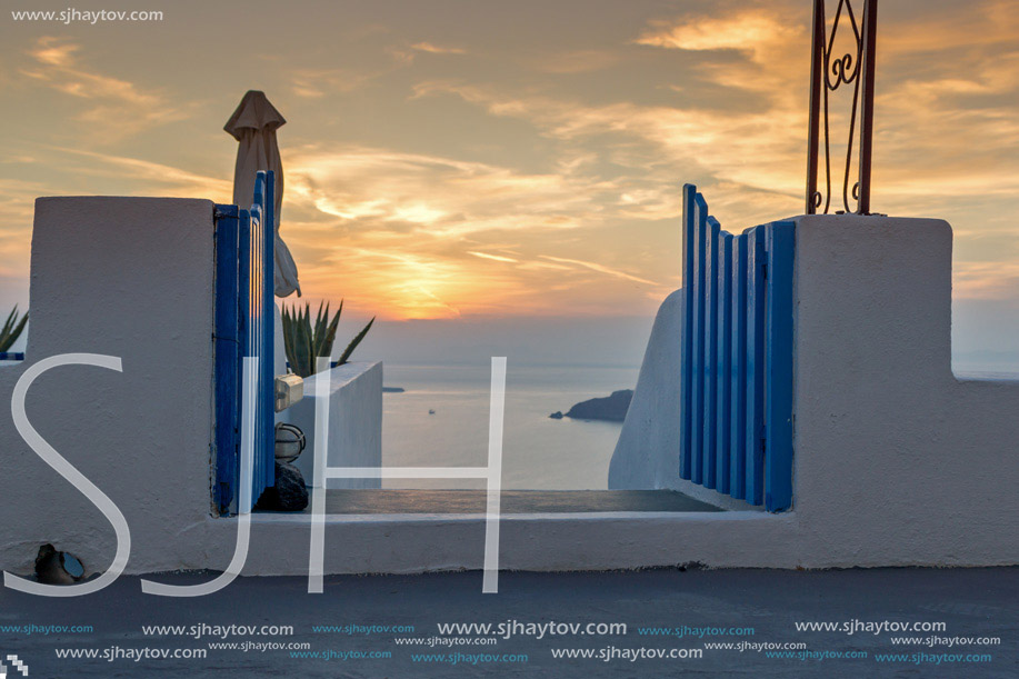 Sunset landscape in town of imerovigli, Santorini island, Thira, Cyclades, Greece