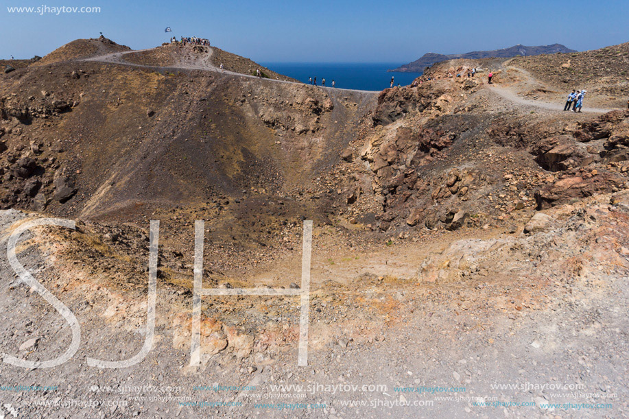 Panoramic view of volcano in Nea Kameni island near Santorini, Cyclades, Greece