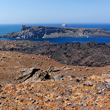 View of Palea Kameni island from volcano in Nea Kameni near Santorini, Cyclades, Greece