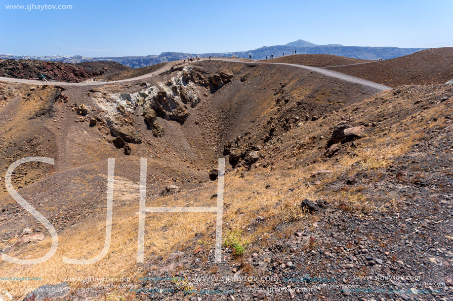 Pamoramic view around Chimney of volcano in Nea Kameni island near Santorini, Cyclades, Greece