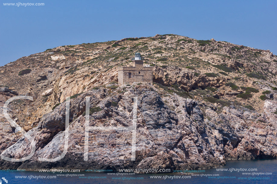 Amazing view of Lighthouse of entrance of port of Ios island, Cyclades, Greece