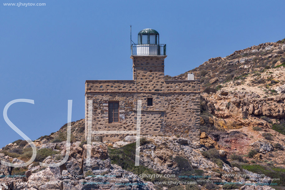 Amazing view of Lighthouse of port of Ios island, Cyclades, Greece