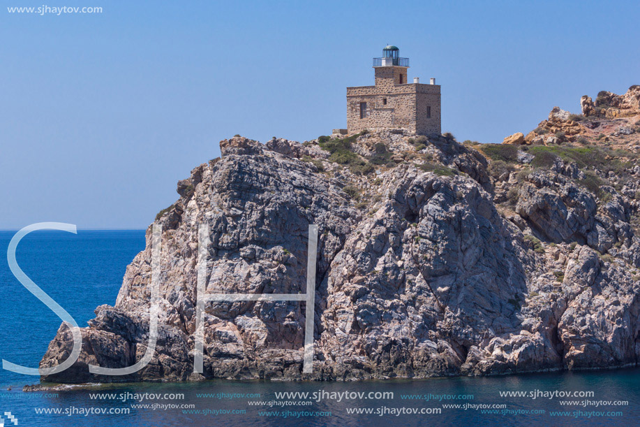 Amazing Seascape of Lighthouse of port of Ios island, Cyclades, Greece