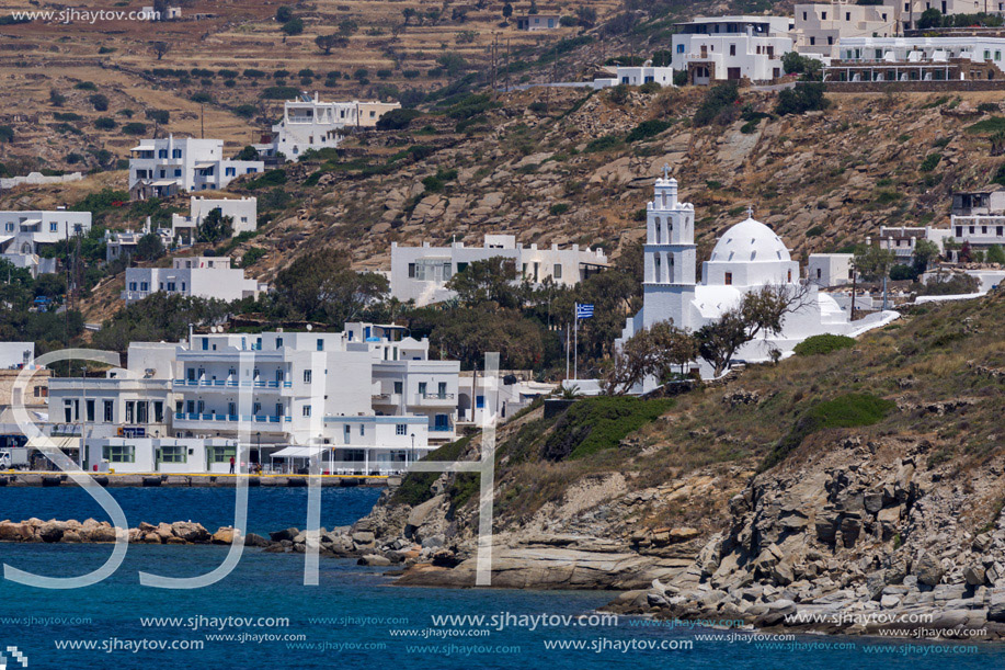 Panoramic view of white houses in Ios Town, Cyclades, Greece