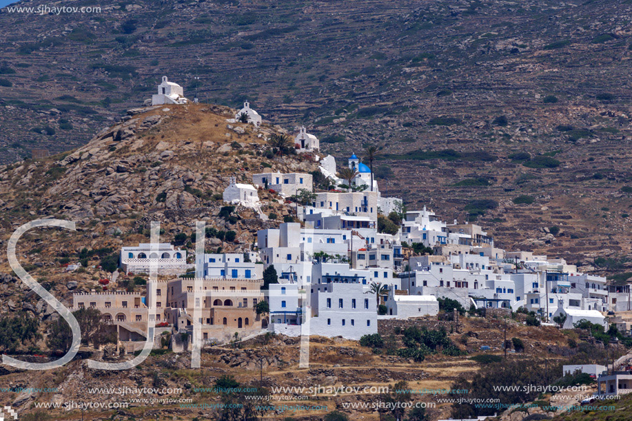 Amazing Panorama of white houses in Ios Town, Cyclades, Greece