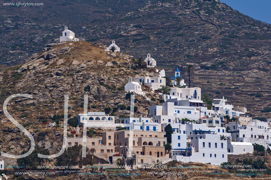 White houses and churches in town of Ios, Cyclades, Greece