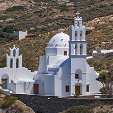 Landscape with White churches in town of Ios, Cyclades, Greece