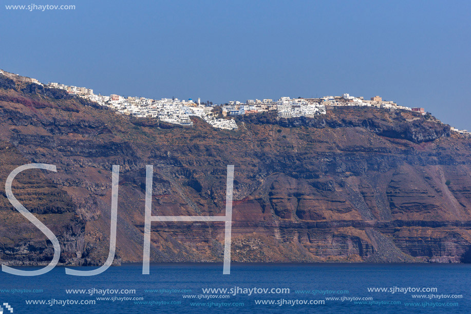 View of Palea Kameni island from volcano in Nea Kameni near Santorini, Cyclades, Greece