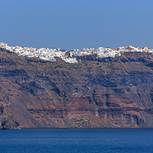 View of Palea Kameni island from volcano in Nea Kameni near Santorini, Cyclades, Greece