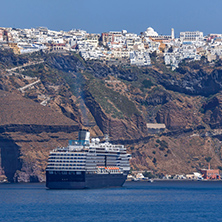 Cruise ship in bay of Sanorini island, Thira,  Cyclades, Greece