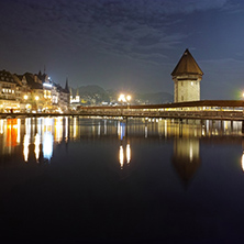 Night photos of Chapel Bridge in City of Lucern, Canton of Lucerne, Switzerland