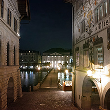 Night photos of City of Lucern and Reuss River, Canton of Lucerne, Switzerland