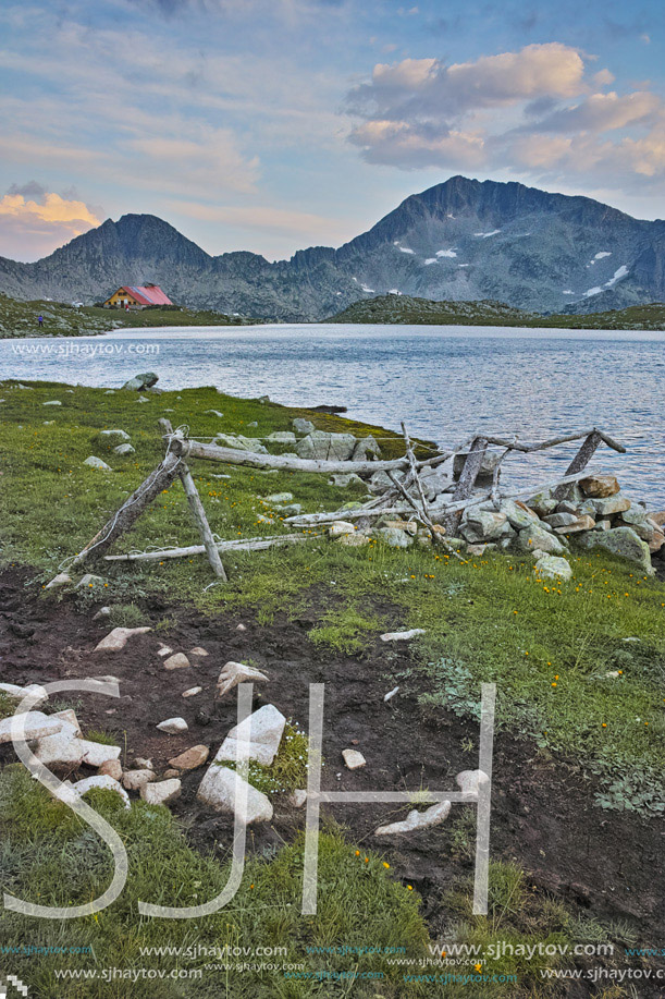 Sunset over Tevno Lake and Kamenitsa peak, Pirin mountain, Bulgaria