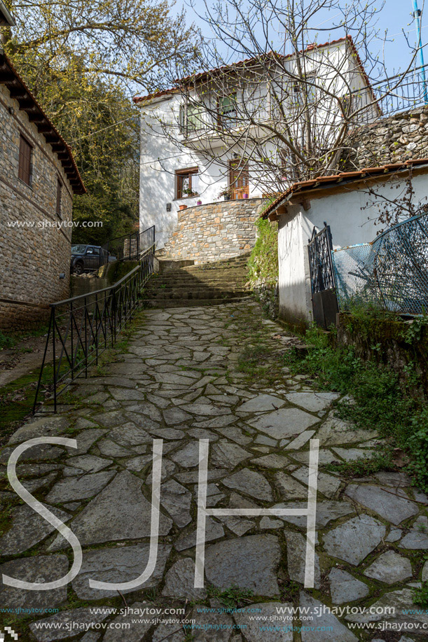 Stone street and old house in village of Potamia, Thassos island,  East Macedonia and Thrace, Greece
