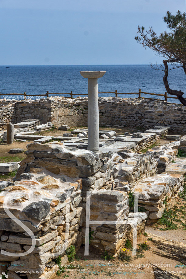 Column in Ruins of ancient church in Archaeological site of Aliki, Thassos island,  East Macedonia and Thrace, Greece