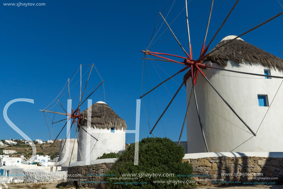 White windmill and blue sky on the island of Mykonos, Cyclades, Greece