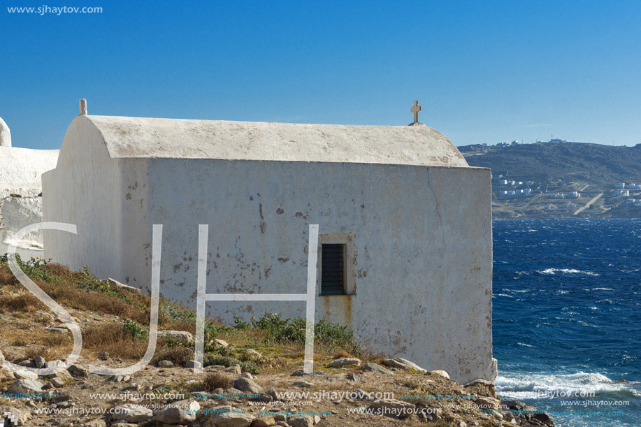 Small White orthodox church in Mykonos, Cyclades Islands, Greece