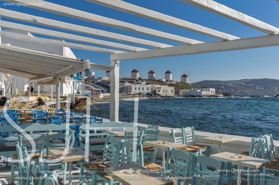 Typical Restaurant and Panoramic view to Mykonos,  Cyclades Islands, Greece