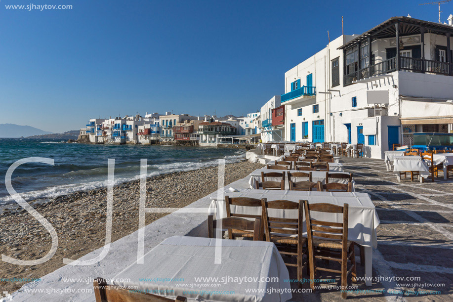 Typical Restaurant and Little Venice at Mykonos, Cyclades Islands, Greece