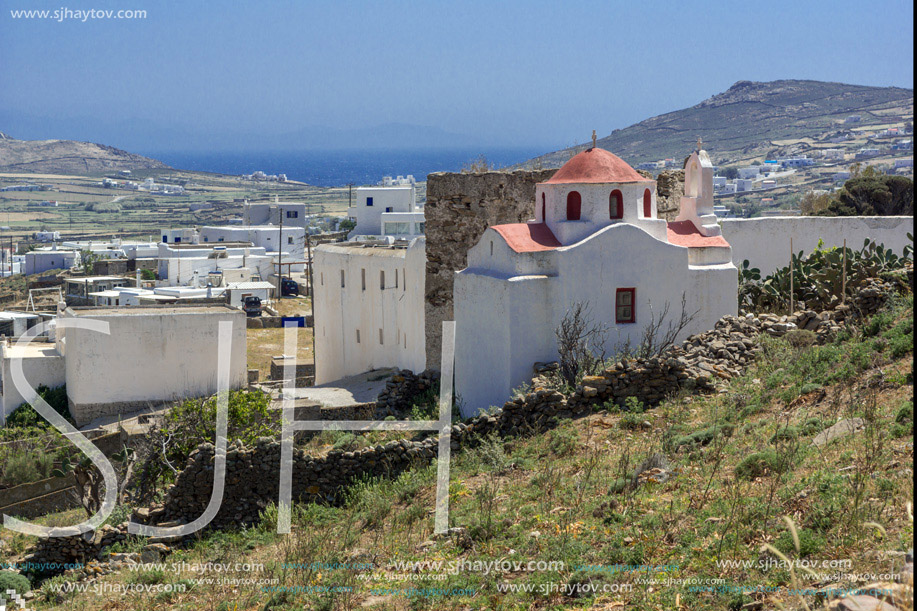 The ruins of a medieval fortress and White church, Mykonos island, Cyclades, Greece