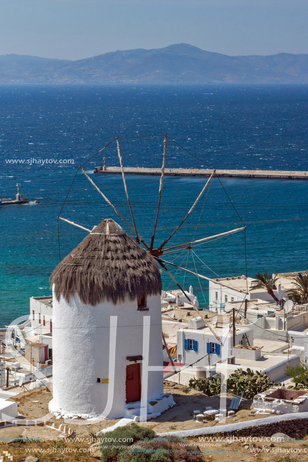 Panoramic view of Aegean sea and island of Mykonos, Cyclades, Greece